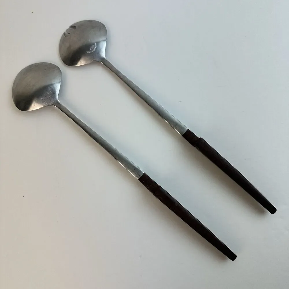 VTG EPIC Ekco Eterna Canoe Wood Salad Set Serving Fork Spoon Stainless Japan MCM